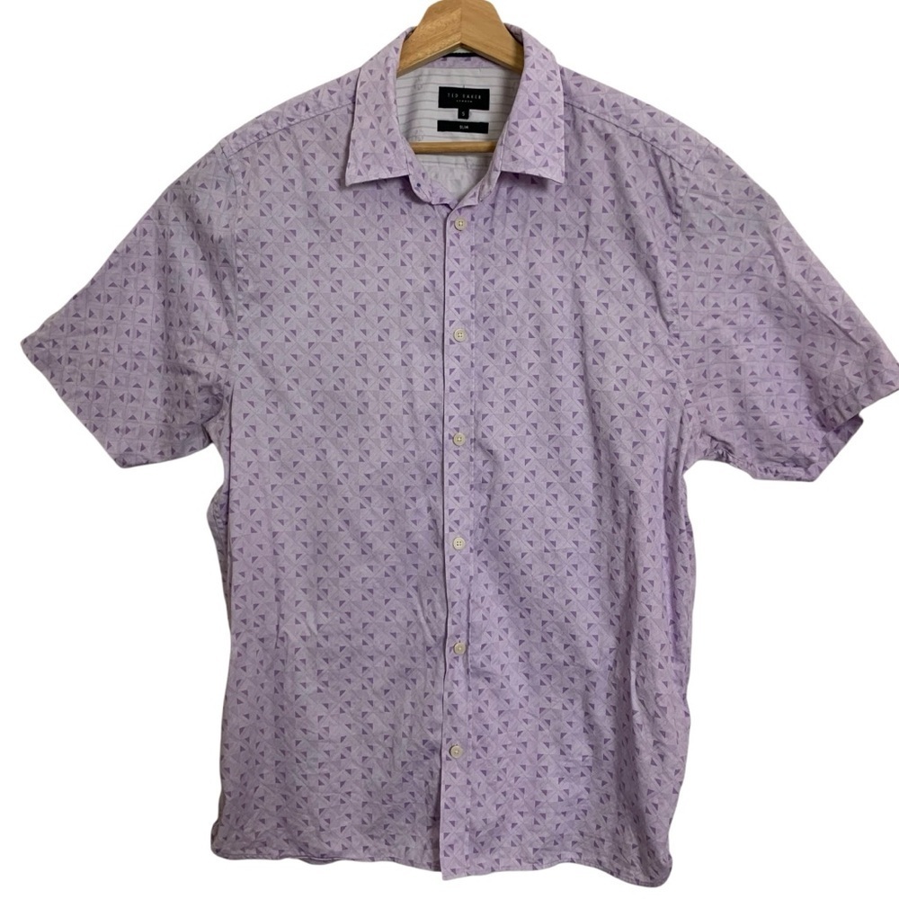 Ted Baker Barhill Geometric Short Sleeve Button Up Shirt Mens 5 Slim Lavender